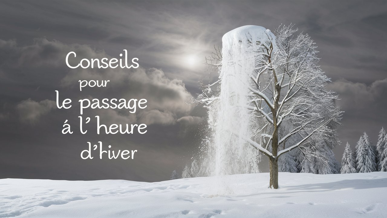 image avec un paysage d'hiver avec écrit conseils pour le passage à l'heure d'iver