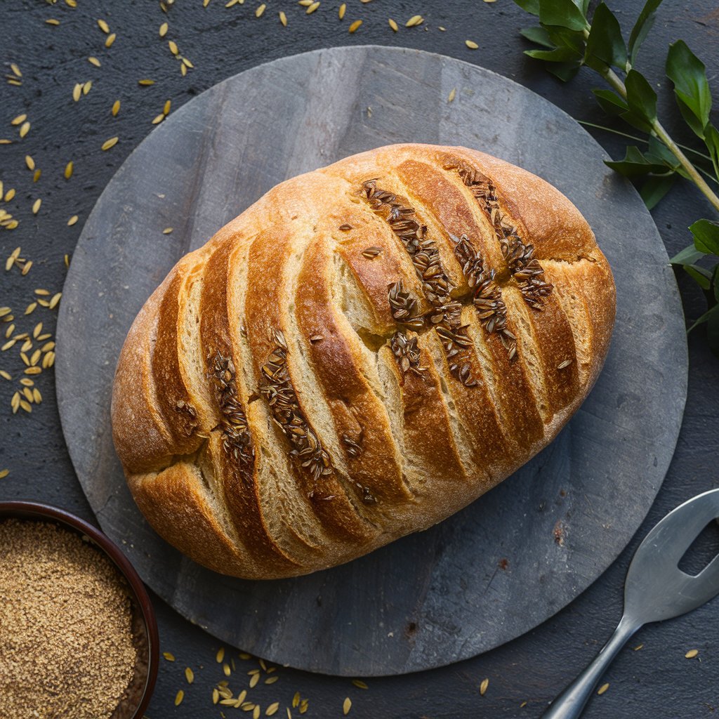 presentation d'un pain à la farine de chanvre et quelques graines au dessus